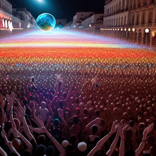 AI generated: hundreds dancing people on earth, everyone is happy, music, 8k