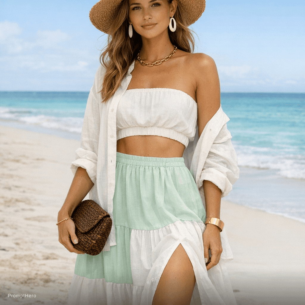 AI generated: Create a summer outfit that includes light colors, it should include at least one piece of clothing ...