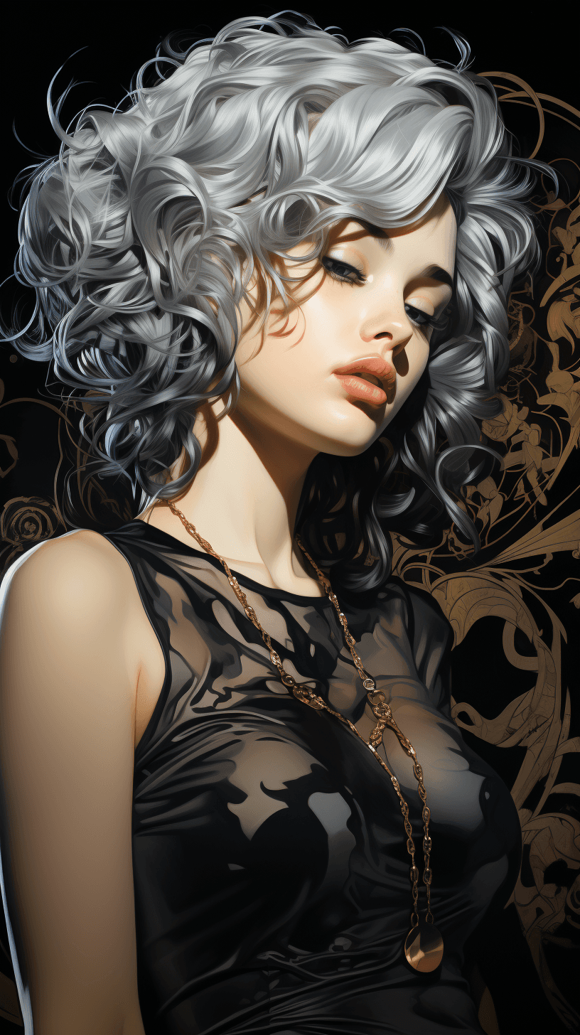 AI generated: a woman in silver and black with a large tattoo on her arms, in the style of adam hughes, charlie bo...