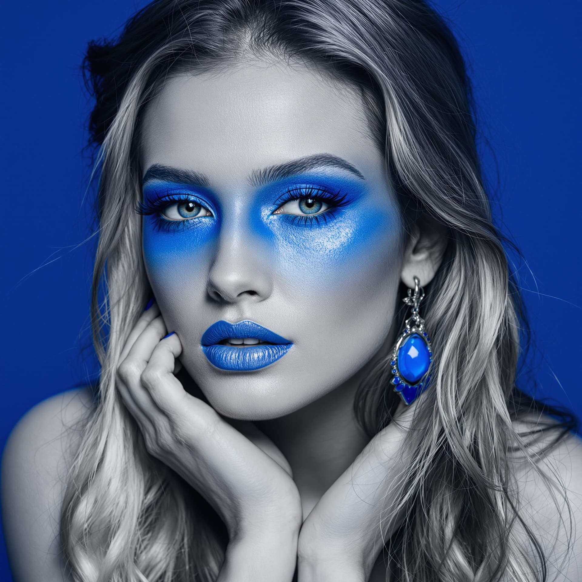 AI generated: Monochromatic contrast,woman, blue accents.
