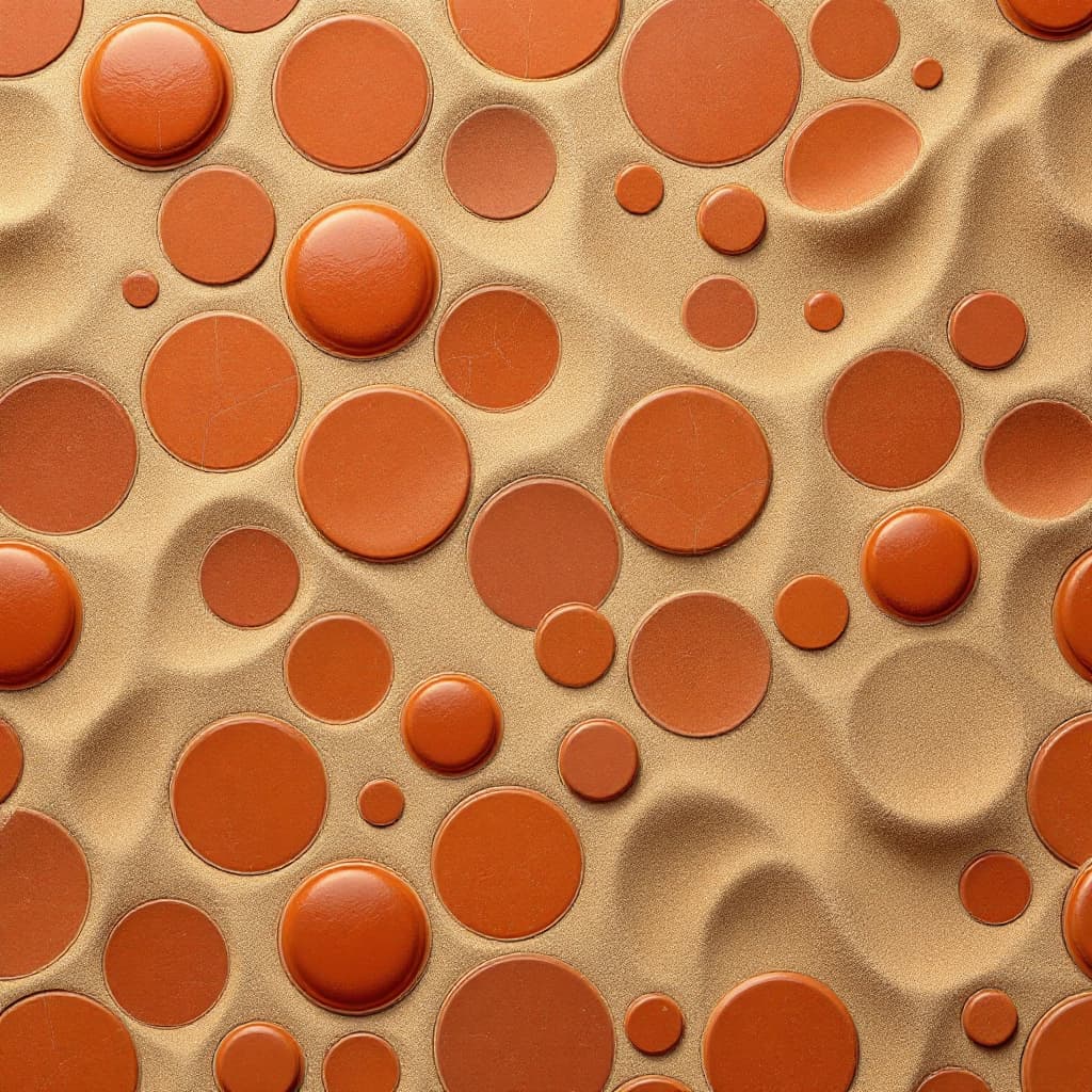 AI generated: seamless tileable sandy texture merging seamlessly with terracotta-red circular tile patterns, empha...