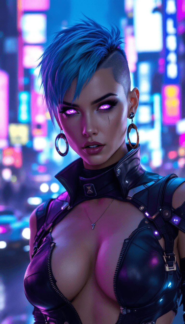 AI generated:  A powerful woman with short, vibrant blue hair, shaved on the sides, revealing cybernetic implants....