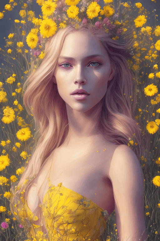AI generated: full length portrait of a beautiful blond woman, standing in field full of flowers, detailed gorgeou...