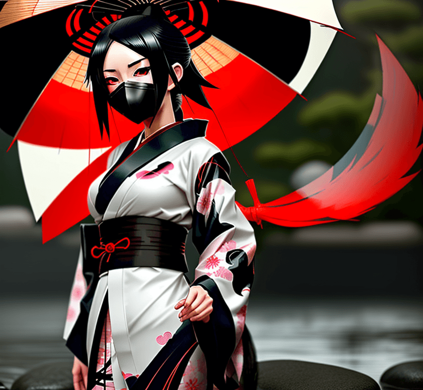 AI generated: Anime girl-kunoichi in a kimono with black hair, standing in the rain in the style of guweiz, Akali