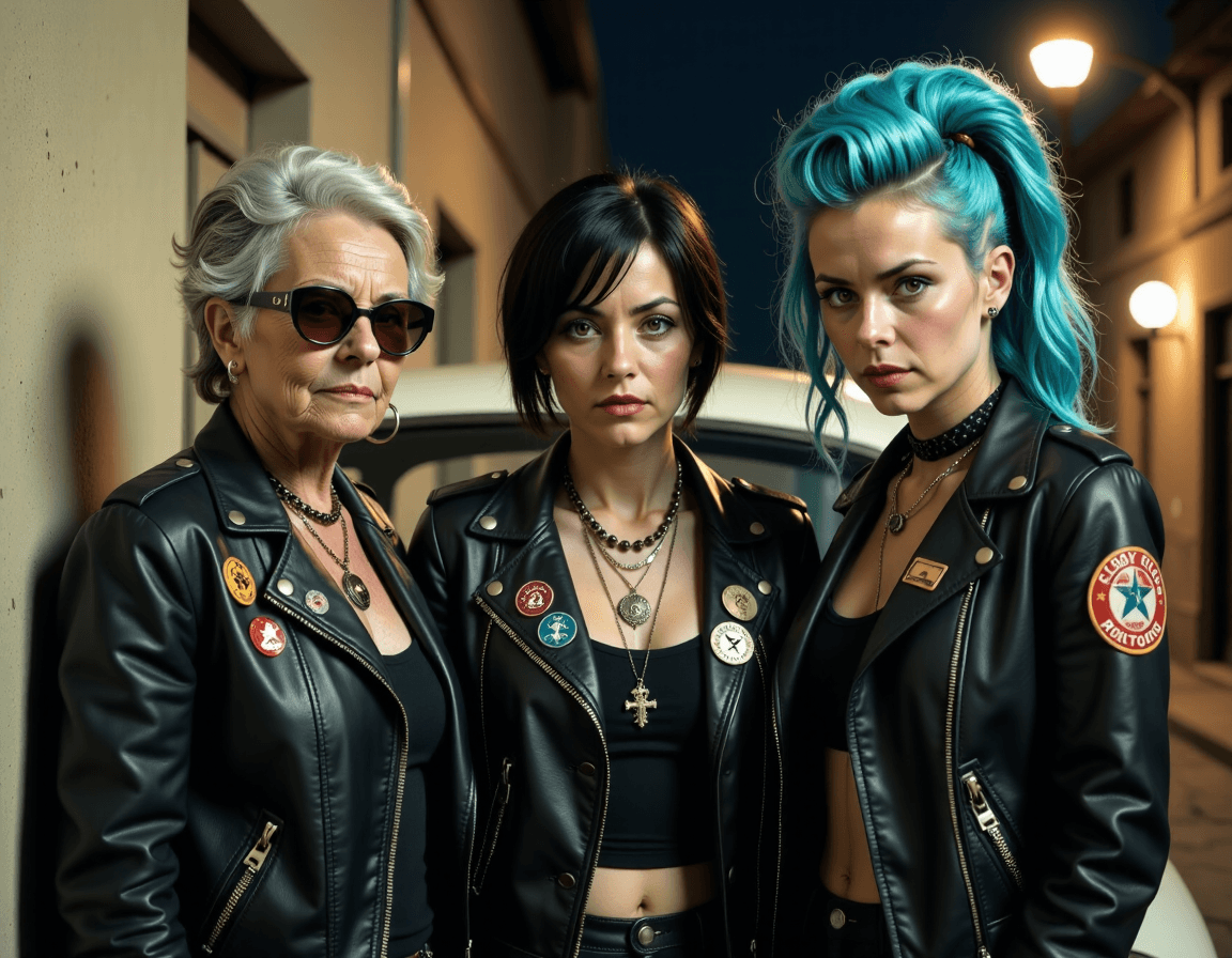AI generated: 3 punk women stand leaning against the side of an aged car ; they all have black leather jacket leat...