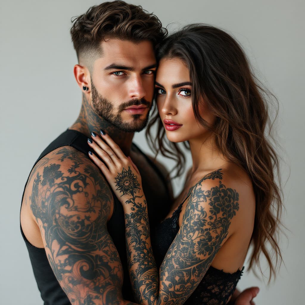 AI generated: Professional couple's style photography photoshoot focus shot on an attractive Caucasian tattooed co...