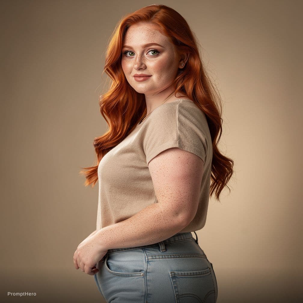 AI generated: create a redhead girl, big tits, average height
, green eyes