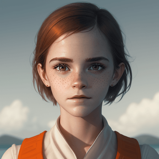 AI generated: a woman with the facial features of Emma Watson freckles looks out into the world, in the style of v...