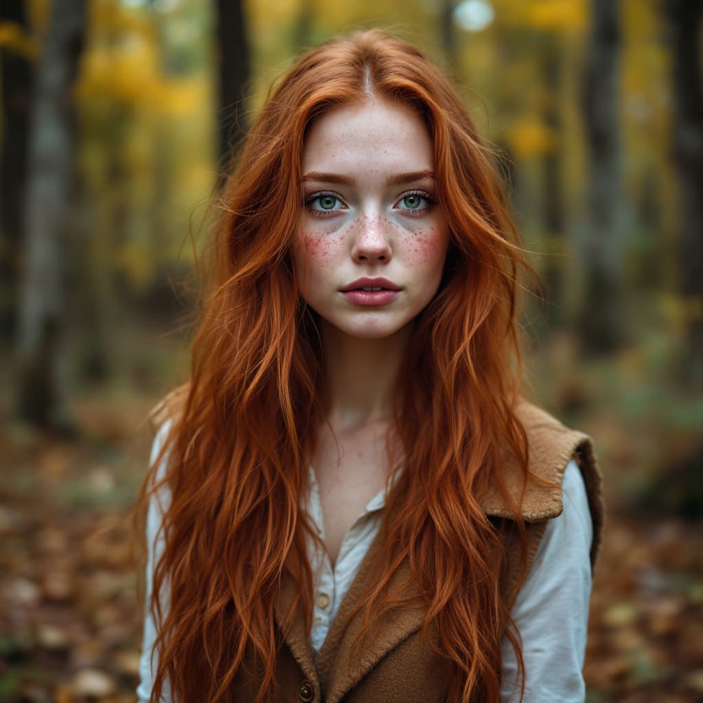 AI generated: 20 year old redhead girl, long red hair, stunning green eyes, freckles. wearing vest and standing in...
