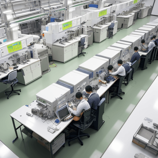 AI generated: top view photograph, workbench inside a bustling high-tech semiconductor fabrication lab, the bench ...