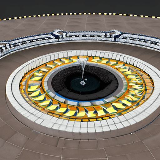 AI generated:  Create an image of a round fountain 8 meter wide with eight water jets on the edge distributed equa...
