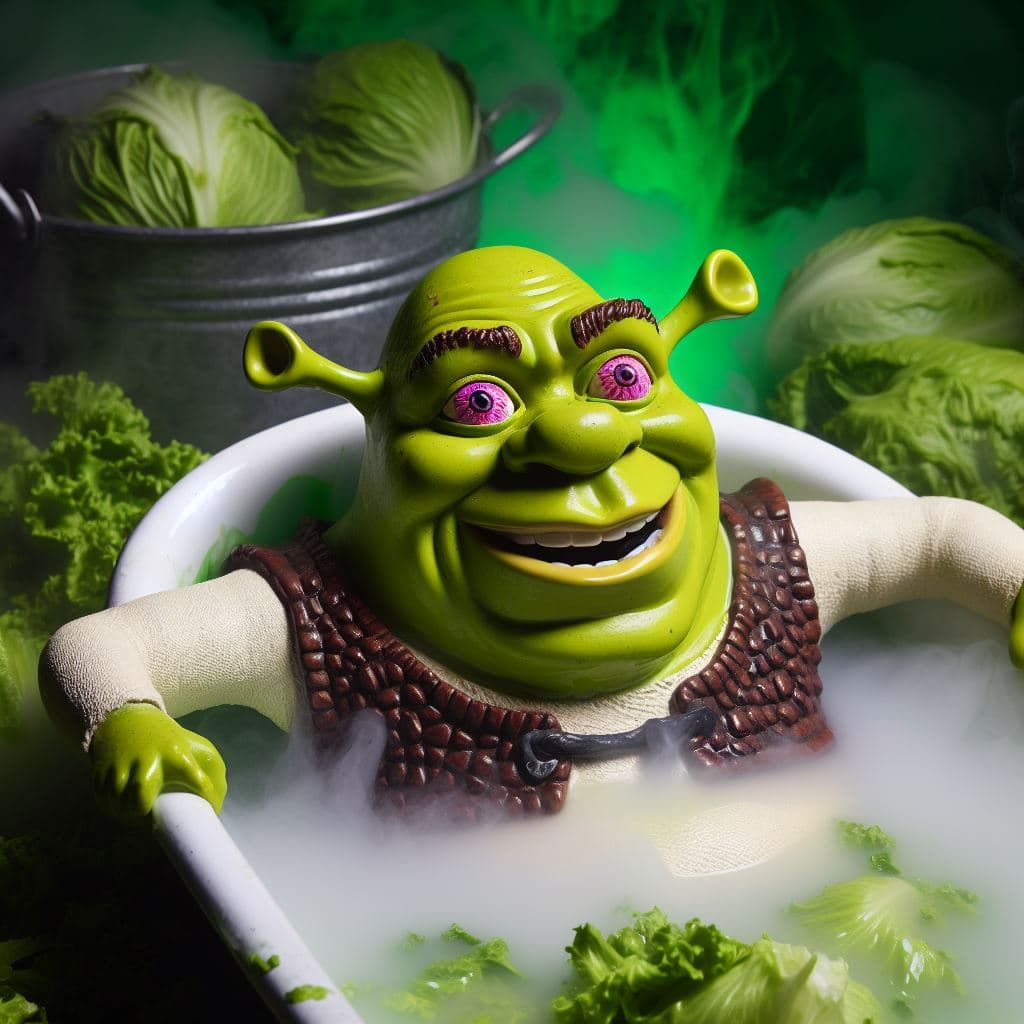 AI generated: Shrek bathing in a tub of lettuce with turbolences, humour, alluviation, cigar smoking, colours