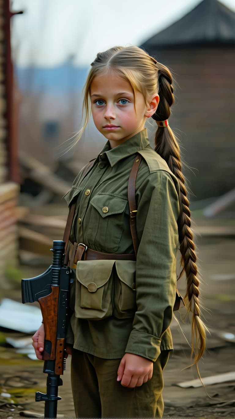 AI generated: A photo realistic of a exceptionally beautiful Ukrainian tween girl, long hair, in a pony tail, dres...