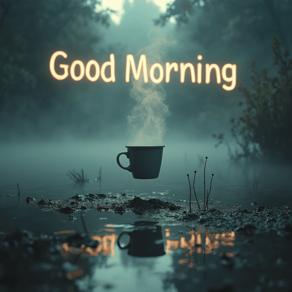 AI generated: A coffee cup hovers unnaturally in midair over a dry patch surrounded by thick, swampy water. The st...