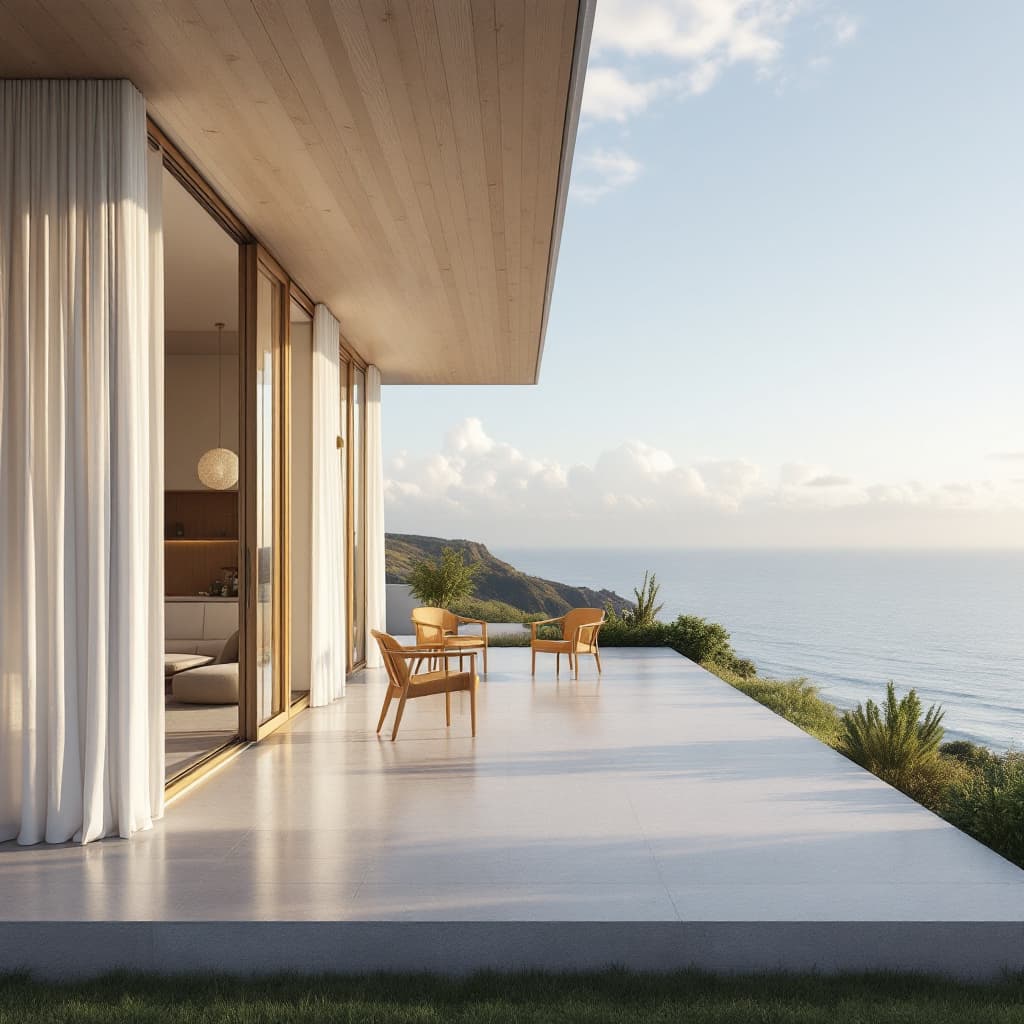 AI generated: Hyper realistic eye level exterior photo of a mid century modern style house overlooking the ocean, ...