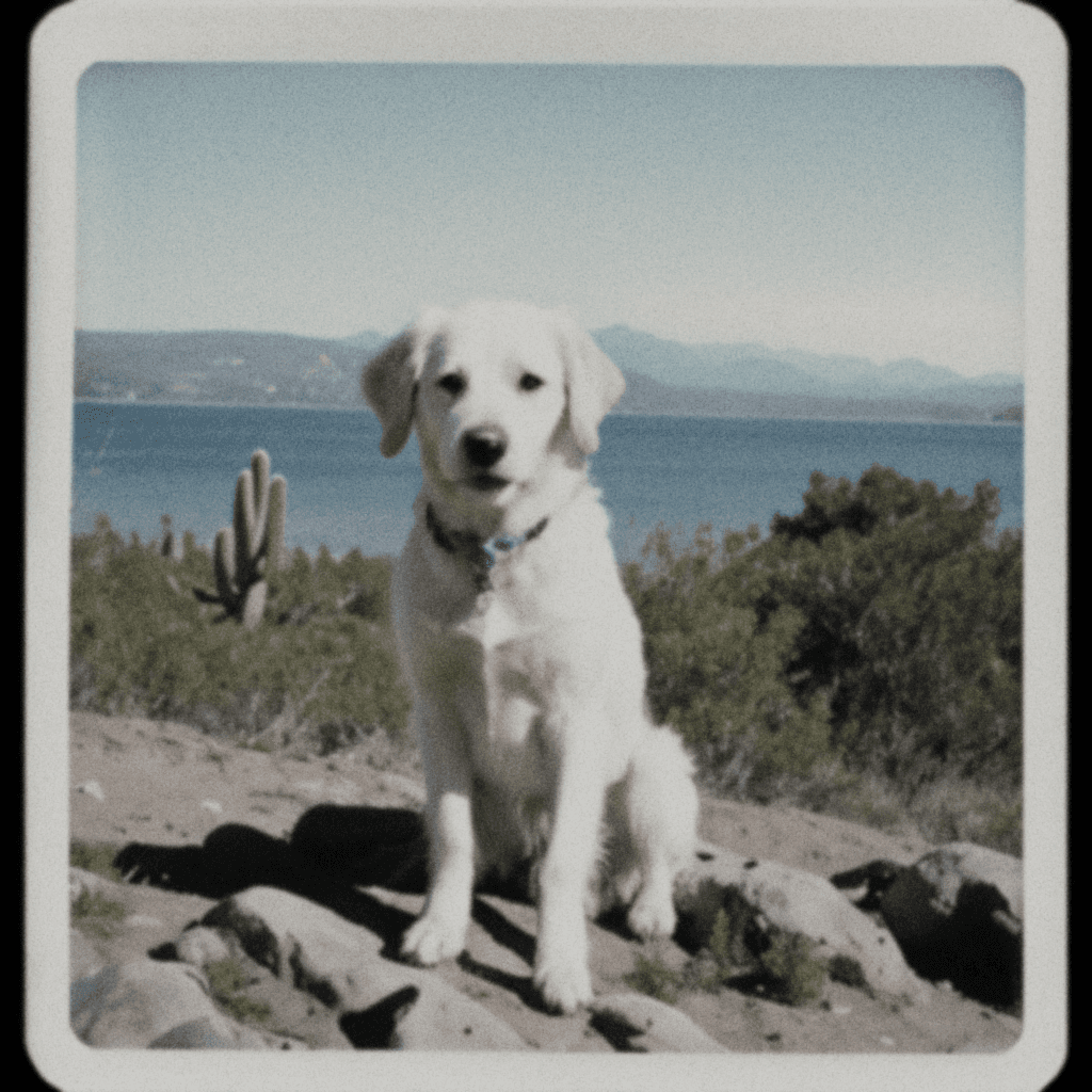 AI generated: a white dog sitting on a rocky hill under a clear blue sky, in the background, there are distant mou...