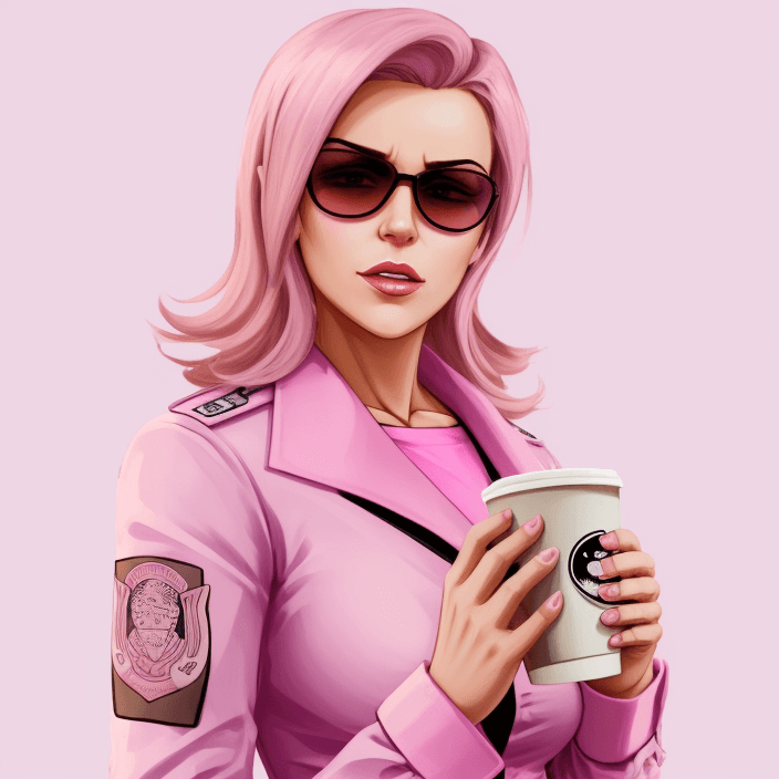 AI generated: FSB operatora from gta holding coffee with pink background
