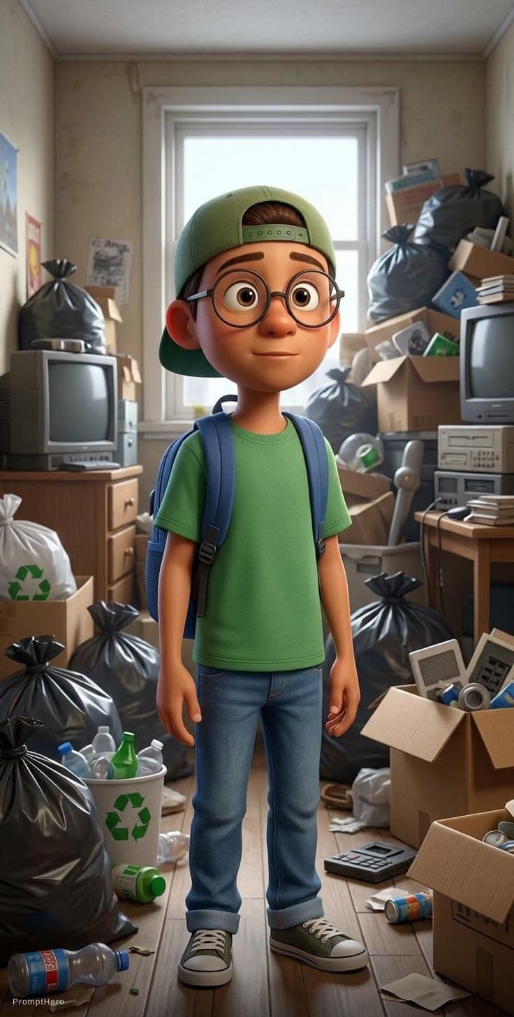 AI generated: A Pixar-style animated portrait of a young, quirky boy wearing a cap, sunglasses, a green t-shirt, j...