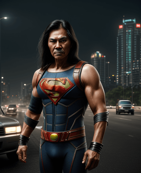 AI generated: epic realism, old man, superhero from indonesia, indonesian superhero, handsome, shoulder length hai...