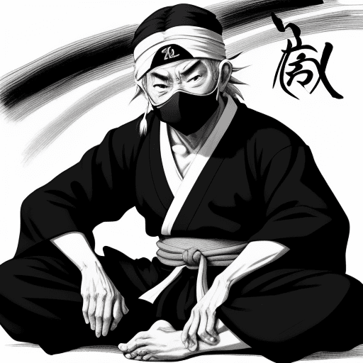AI generated: no color, perfect anime illustration, portrait of a old ninja master , sitting, {{{{{{black and whit...