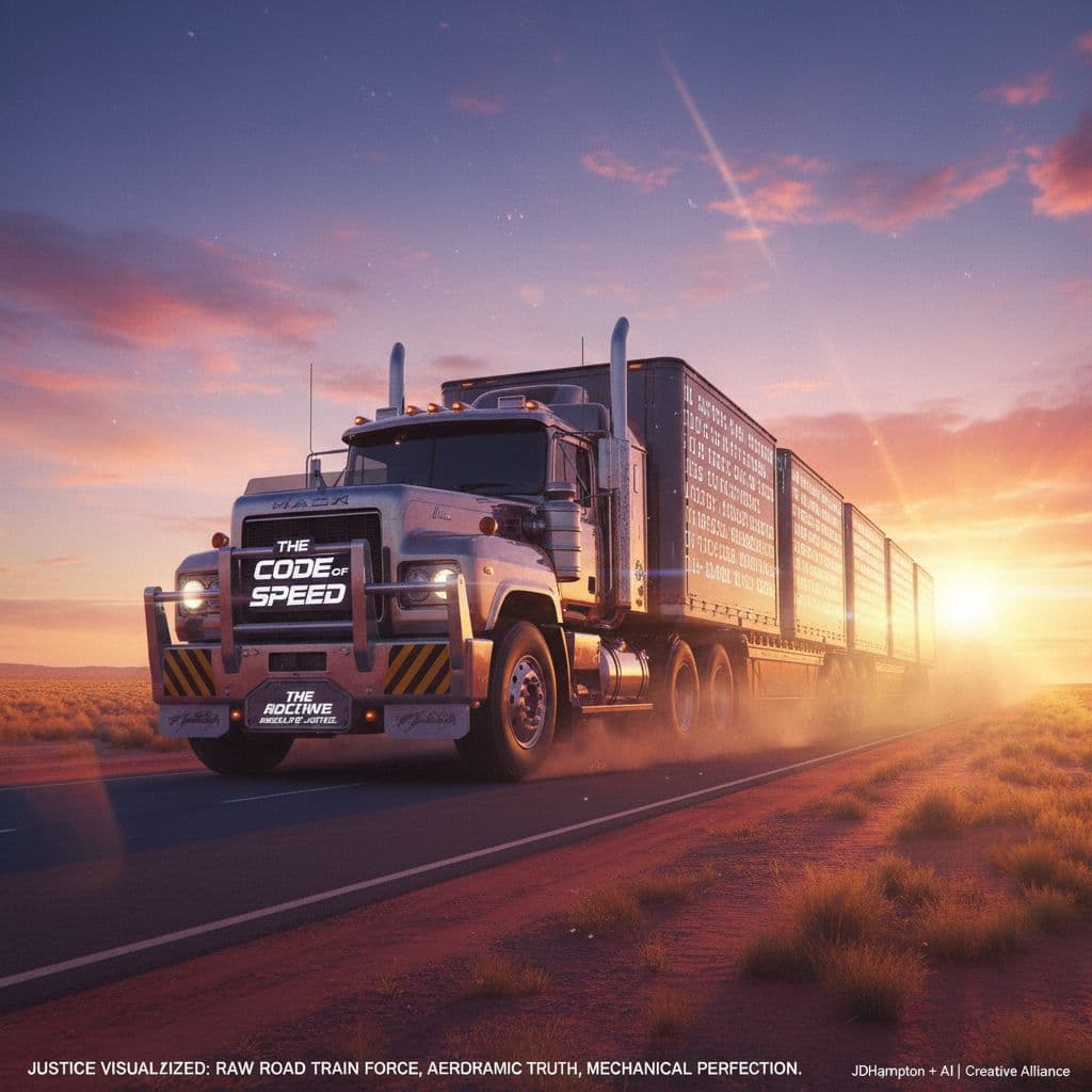 AI generated: Tribute Mack Road Train Northern Territory Australia, rumbling along the Stuart Highway at sunrise i...