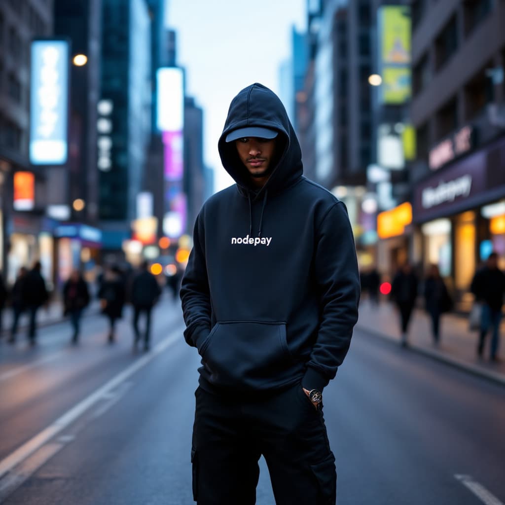 AI generated: wide and low angle, cinematic, fashion photography for the brand Nodepay. Man standing on a busy str...