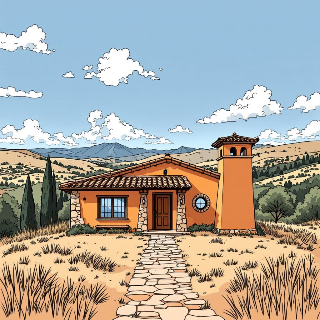 AI generated: line drawing, spanish mediterranian house for one family, located on a small hill, surrounded by gra...