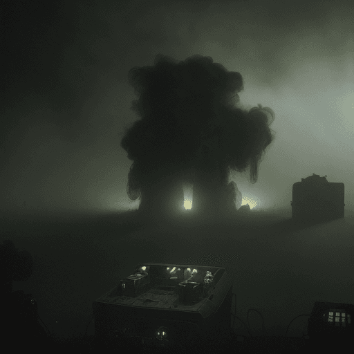 AI generated: 
old computer, dirty, grimmy, with smoke and fog in the shadows, particles floating, artstation, atm...