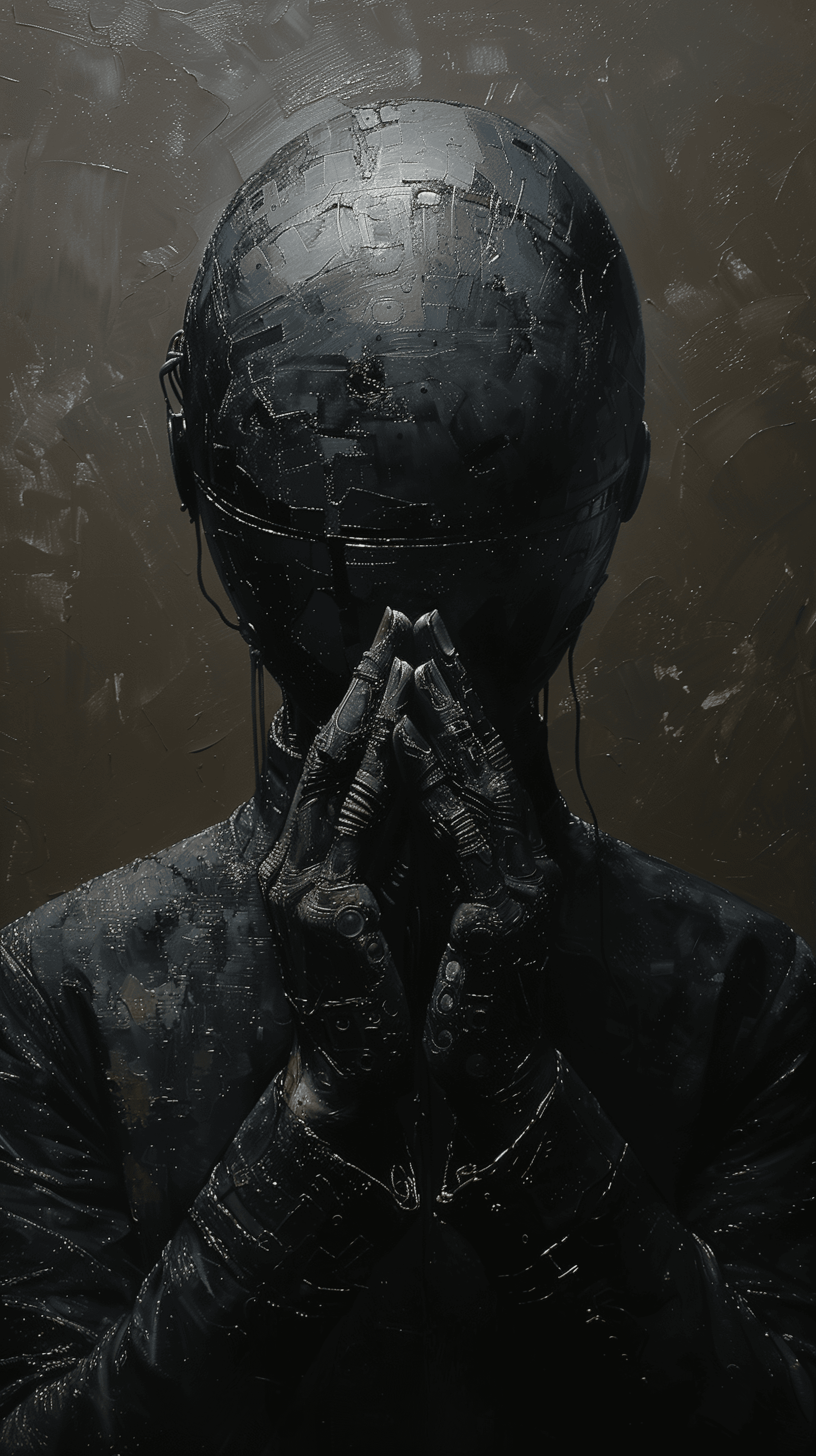 AI generated: artistic, oil painting, front view, upper body, heavy brushed, sci-fi, bizarre mechanical human, gaz...
