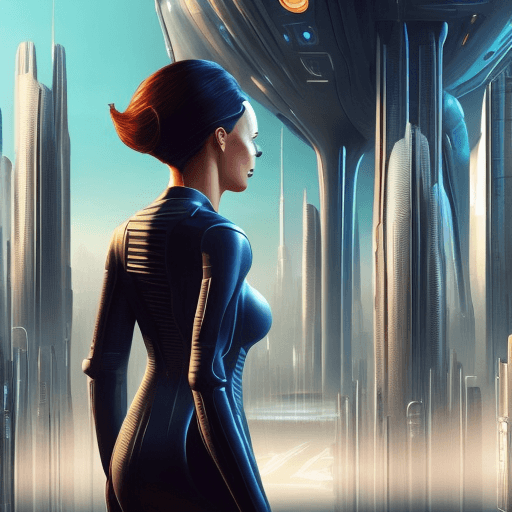 AI generated: A woman standing in a futuristic city with a futuristic architecture background and a futuristic cit...