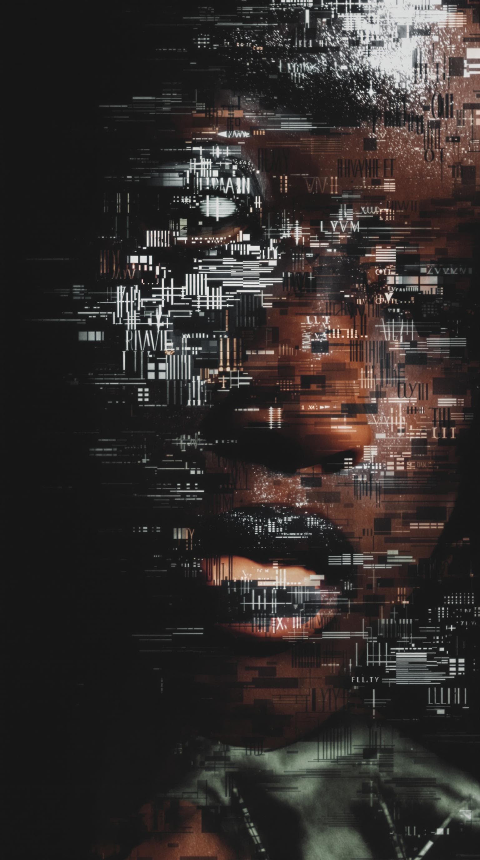 AI generated: A young African woman's face is covered with glitch effects, blurred in motion, surrounded by black ...