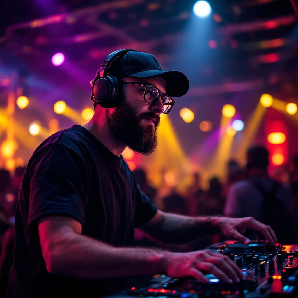 AI generated: A DJ with a beard and glasses wearing a baseball cap and a black T-shirt, headphones, entertainment ...