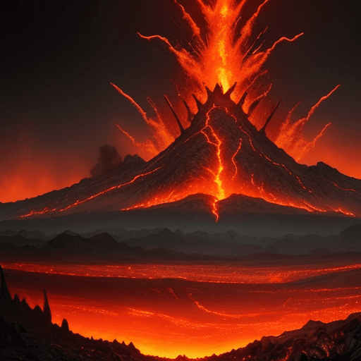 AI generated: a wasteland, mountains of fire, lava, mordor, demon, demonic tower, hot, dangerous, creepy, landscap...