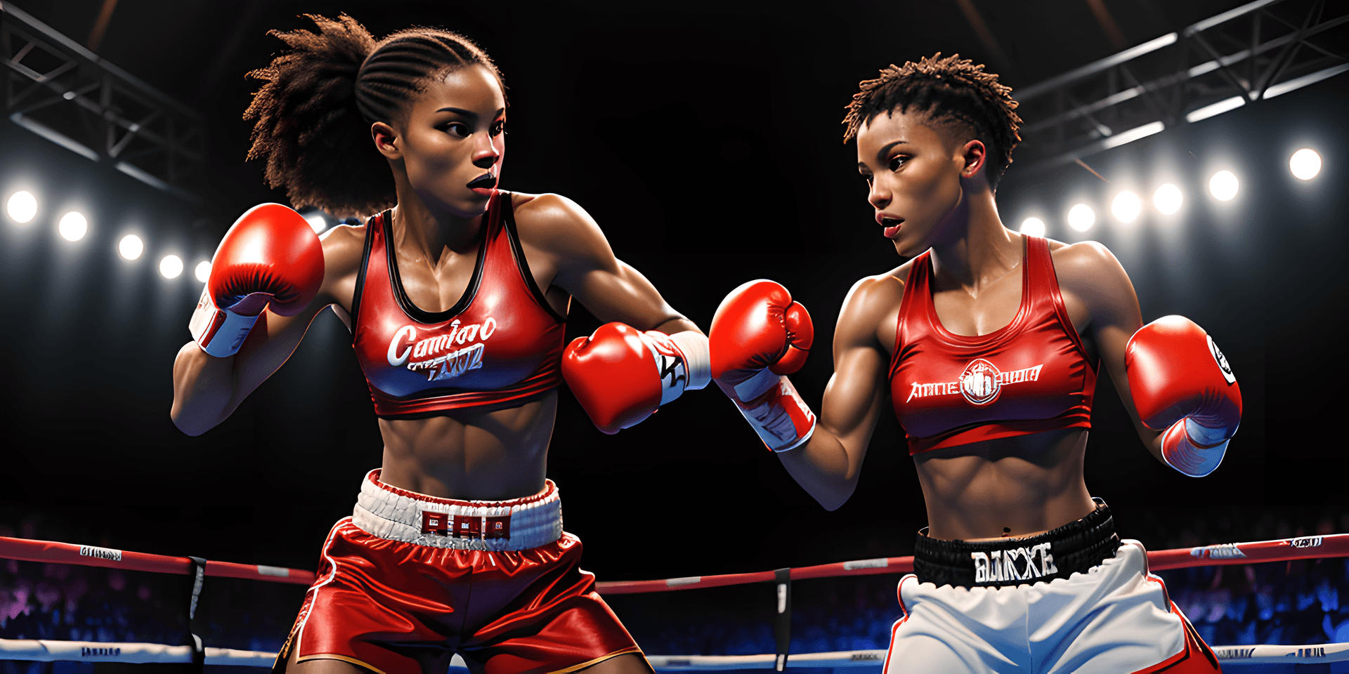 AI generated: Two young beautiful black girls, with well-toned bodies, wearing boxing shorts and red boxing gloves...