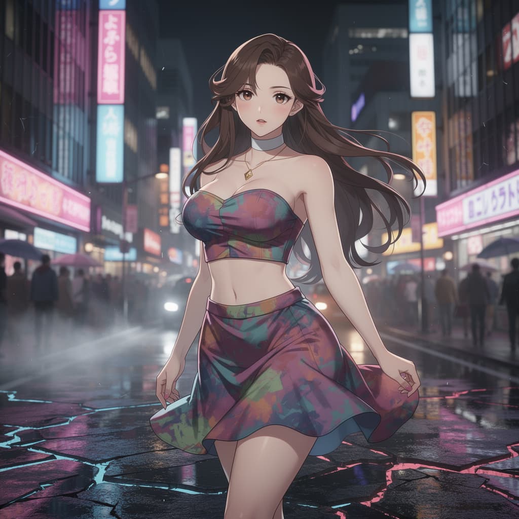 AI generated: lora:-Omnious-:1.0>a highly detailed digital illustration depicting neon-lit cityscape at night, the...