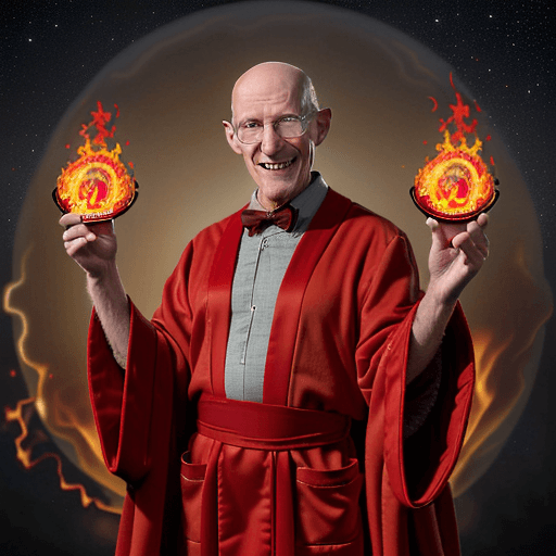 AI generated: professor  Farnsworth, realistic, dressed in red robes covered in mystic symbols stars and moons, ba...