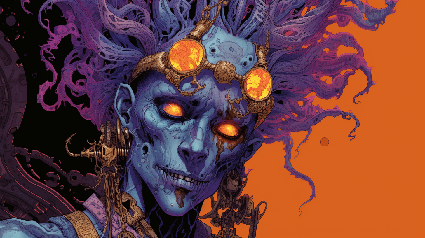AI generated: dream hunter by dorohedoro, purple and blue and orange scheme, contrast colors