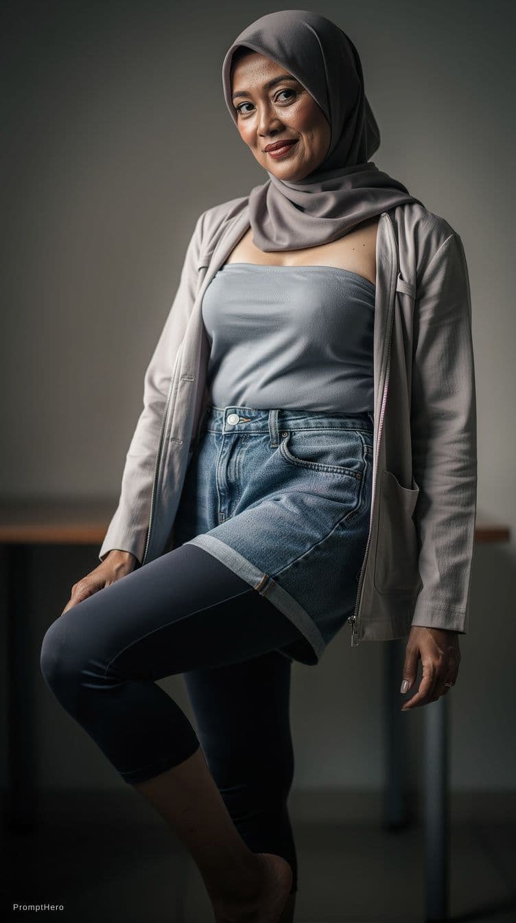 AI generated: fullshot, full body, (A breathtaking voluptuous Indonesian mature woman stand:1.1, pulling up one le...