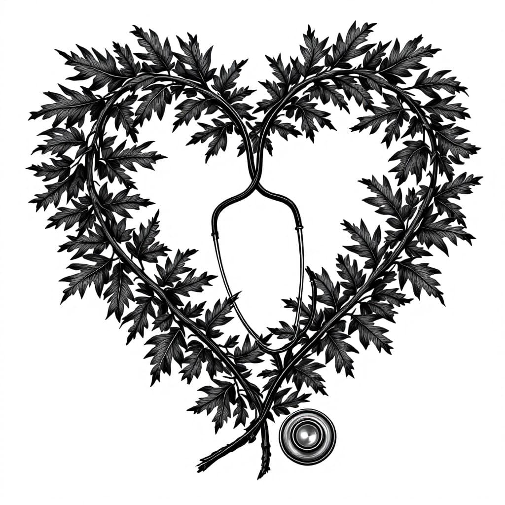 AI generated: Illustration of oak branch and stethoscope shaping a heart, all in black, white background
