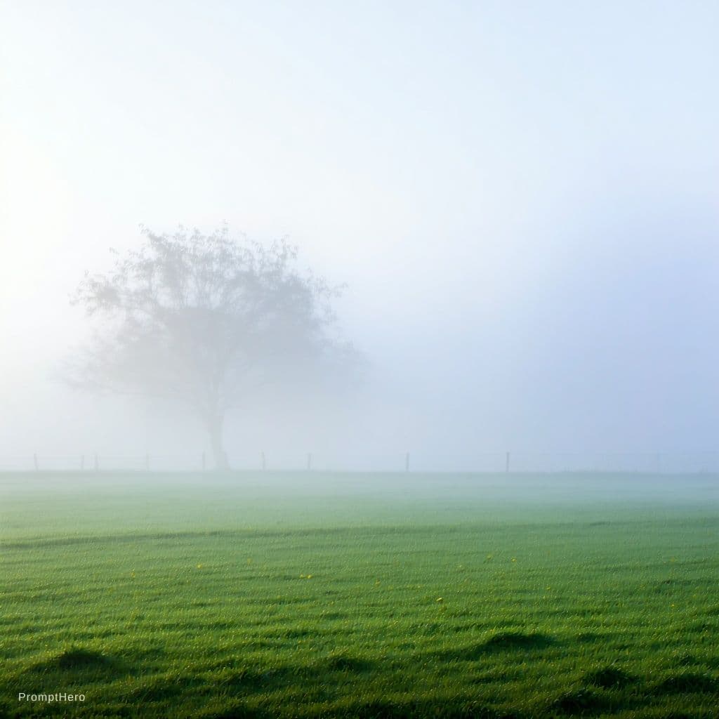 AI generated: landscape: “Fog” Early morning, fog over the grass. Cold."
