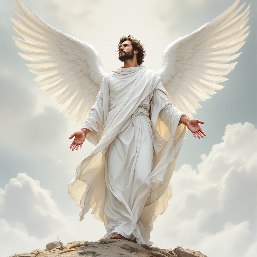 AI generated: an artist's drawing of a male masculine, strong angel with pure white robe standing in the sky with ...