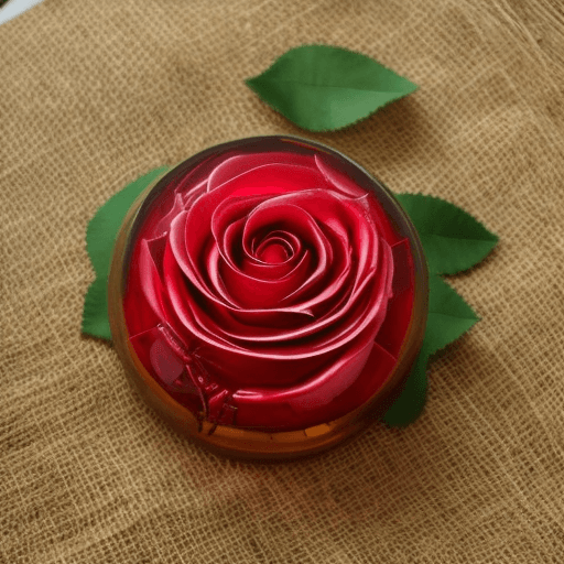 AI generated: Rose container for a perfume made out of red glass. You can see the liquid inside. The leaves are gr...