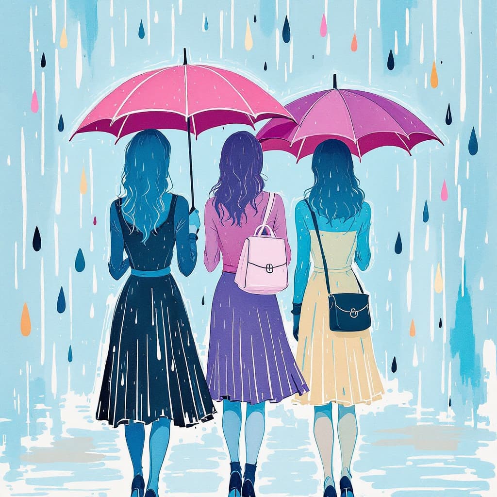 AI generated: Minimalist illustration, Identical triplets, women, three, umbrellas, some raindrops pink, purple, b...