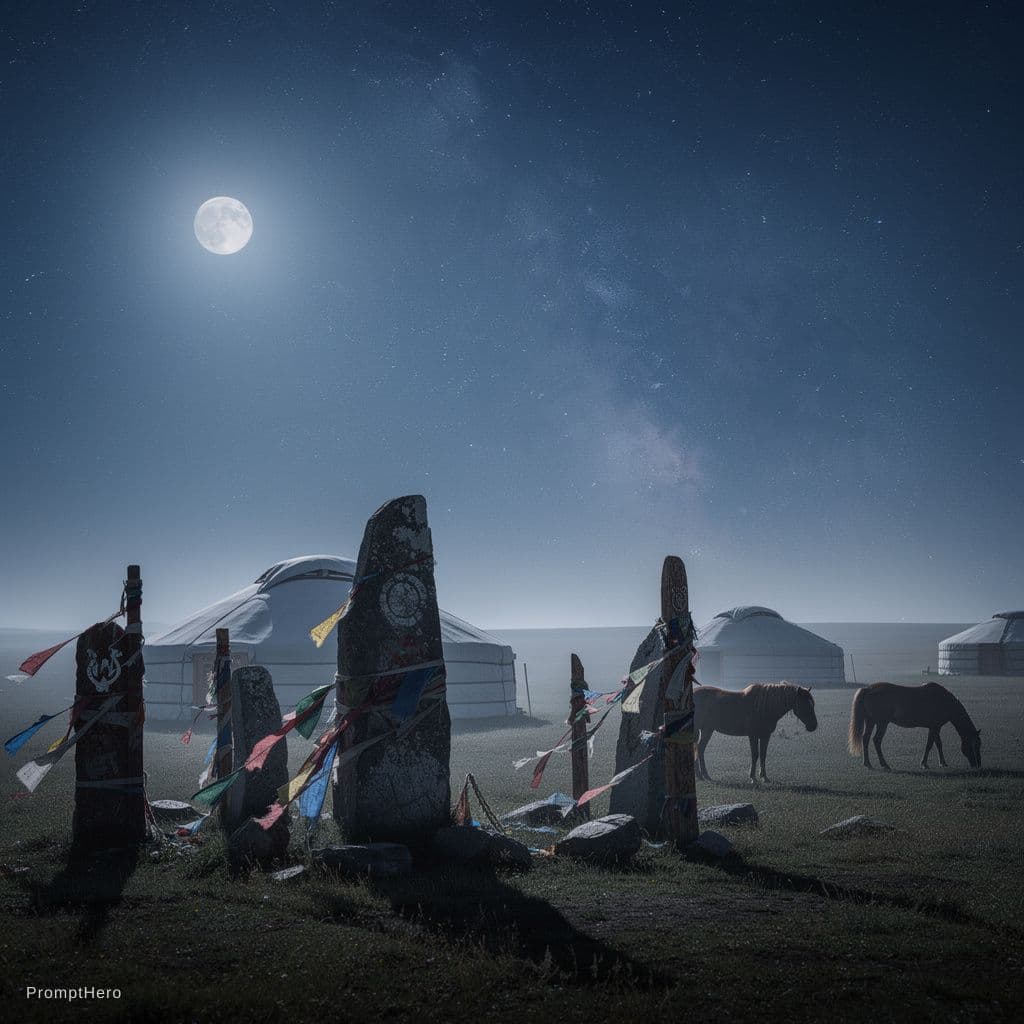 AI generated: La scène se déroule un matin légèrement pluvieux, dans la steppe mongole infinie, avec des yourtes t...