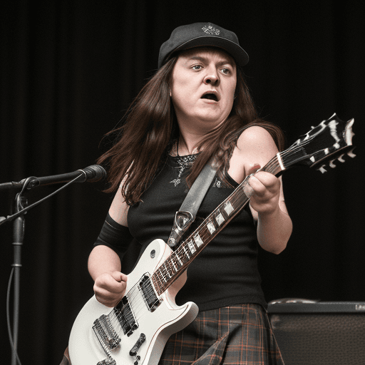 AI generated: Middle-aged woman as a metal music guitarist, dark long hair, pale white skin, brown eyes, wearing s...