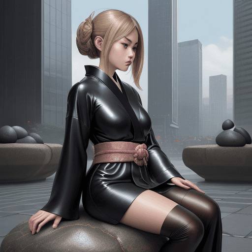 AI generated: a beautiful dark blonde haired melancholic Nippon girl in Leather/Silk Kimono dress sitting on Concr...