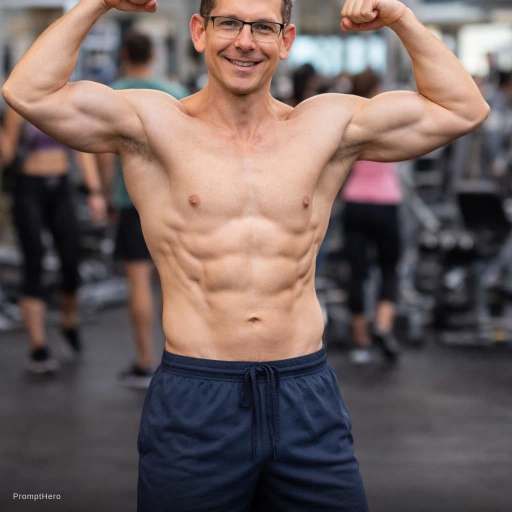 AI generated: use the image to depitct the person as a fit man at the gym, wearing only shorts and sneakers showin...