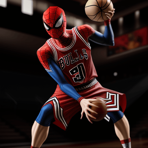 AI generated: Marvel's Spiderman playing basketball, dressed in Chicago Bulls uniform, Chicago Bulls jersey, reali...