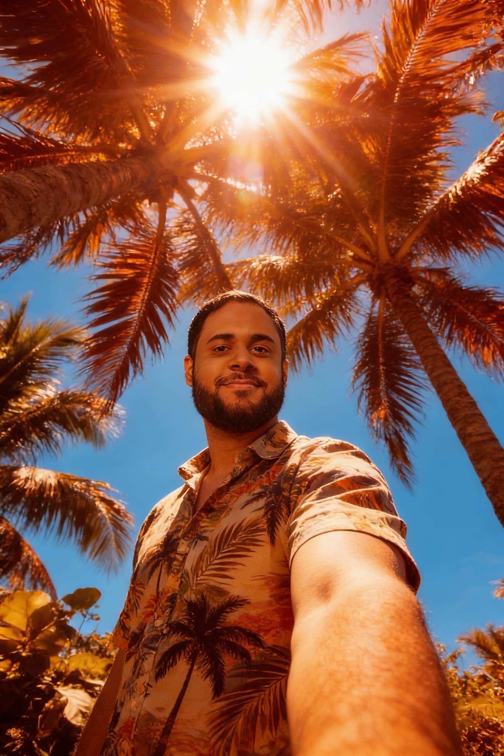 AI generated: A low-angle selfie of a person standing beneath bright,sunny palm trees.The person is wearing a trop...