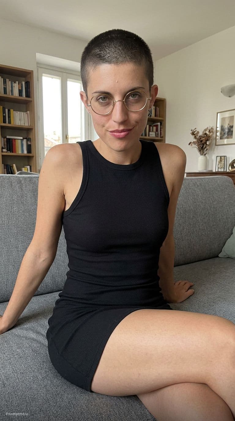 AI generated: wearing a mini bodycon dress at home, seductive sitting on a couch, keep original makeup and feature...